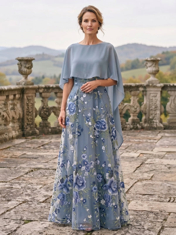A-Line/Princess Scoop Neck Floral Embroidery Maxi Mother of the Bride & Groom Dresses with Cape