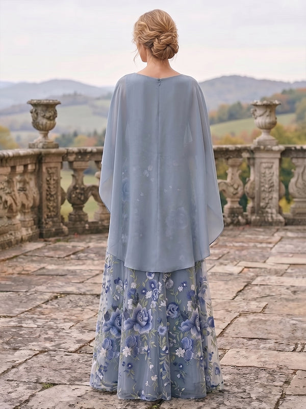 A-Line/Princess Scoop Neck Floral Embroidery Maxi Mother of the Bride & Groom Dresses with Cape