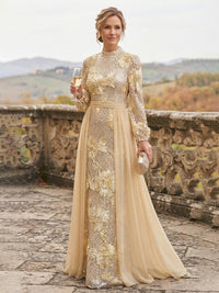 Sheath/Column High Neck Sequin Maxi Mother of the Bride & Groom Dresses with Floral Embroidery & Pleats