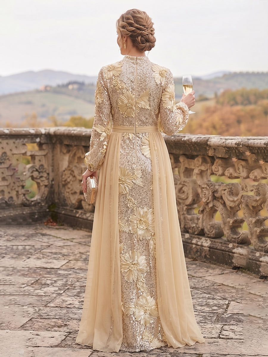 Sheath/Column High Neck Sequin Maxi Mother of the Bride & Groom Dresses with Floral Embroidery & Pleats