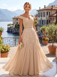 A-Line/Princess Off Shoulder Chiffon Floor-Length Mother of the Bride & Groom Dresses with Sequin, Lace Appliques & Pleats