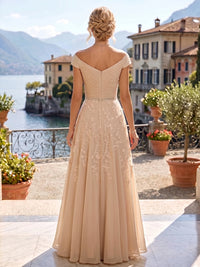 A-Line/Princess Off Shoulder Chiffon Floor-Length Mother of the Bride & Groom Dresses with Sequin, Lace Appliques & Pleats