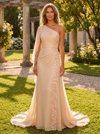 A-Line/Princess One Shoulder Chiffon Floor-Length Mother of the Bride & Groom Dresses with Lace Appliques, Sweep Train & Side Sash