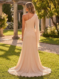 A-Line/Princess One Shoulder Chiffon Floor-Length Mother of the Bride & Groom Dresses with Lace Appliques, Sweep Train & Side Sash
