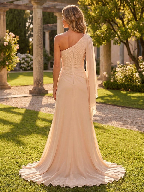A-Line/Princess One Shoulder Chiffon Floor-Length Mother of the Bride & Groom Dresses with Lace Appliques, Sweep Train & Side Sash