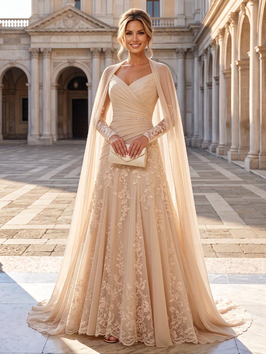 A-Line/Princess Strapless Lace Appliques Floor-Length Mother of the Bride & Groom Dresses with Pleats, Ruched Waist & Sweep Train