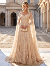 A-Line/Princess Strapless Lace Appliques Floor-Length Mother of the Bride & Groom Dresses with Pleats, Ruched Waist & Sweep Train