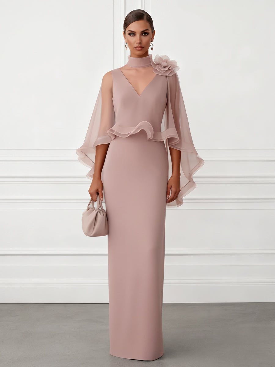 Sheath/Column V-Neck Satin Floor-Length Mother of the Bride & Groom Dresses with 3D Flowers & Ruffles