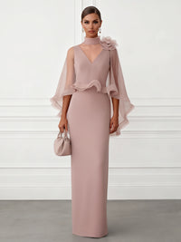 Sheath/Column V-Neck Satin Floor-Length Mother of the Bride & Groom Dresses with 3D Flowers & Ruffles