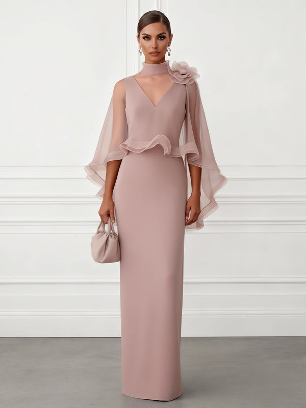 Sheath/Column V-Neck Satin Floor-Length Mother of the Bride & Groom Dresses with 3D Flowers & Ruffles