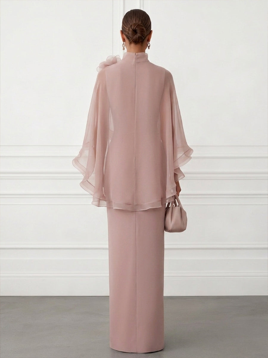 Sheath/Column V-Neck Satin Floor-Length Mother of the Bride & Groom Dresses with 3D Flowers & Ruffles