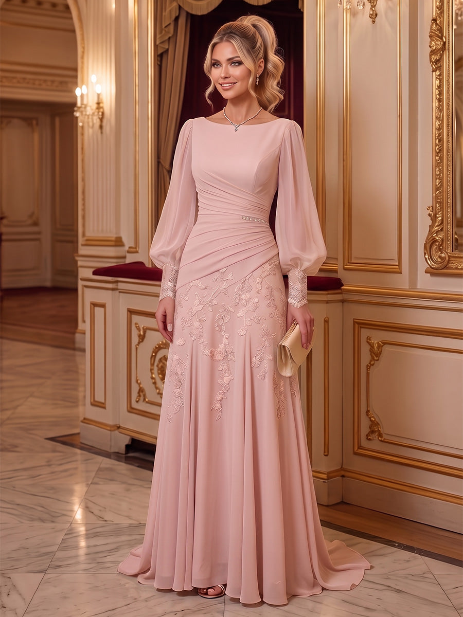 A-Line/Princess Scoop Neck Chiffon Floor-Length Mother of the Bride & Groom Dresses with Lace Appliques & Pleats