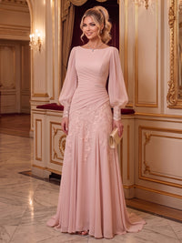 A-Line/Princess Scoop Neck Chiffon Floor-Length Mother of the Bride & Groom Dresses with Lace Appliques & Pleats