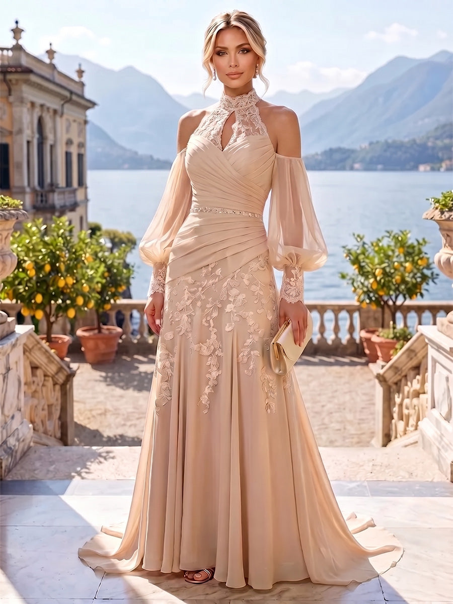 A-Line/Princess Off Shoulder Chiffon Floor-Length Mother of the Bride & Groom Dresses with Lace Appliques & Pleats