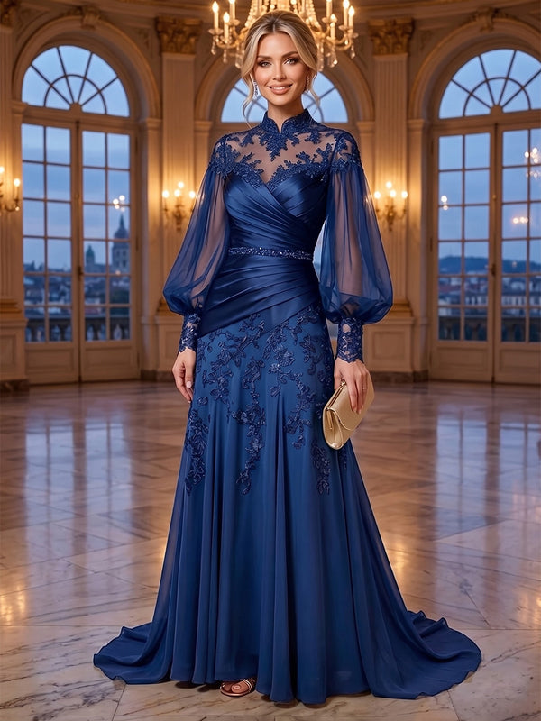 A-Line/Princess High Neck Lace Appliques Maxi Mother of the Bride & Groom Dresses with Satin Bodice & Pleats