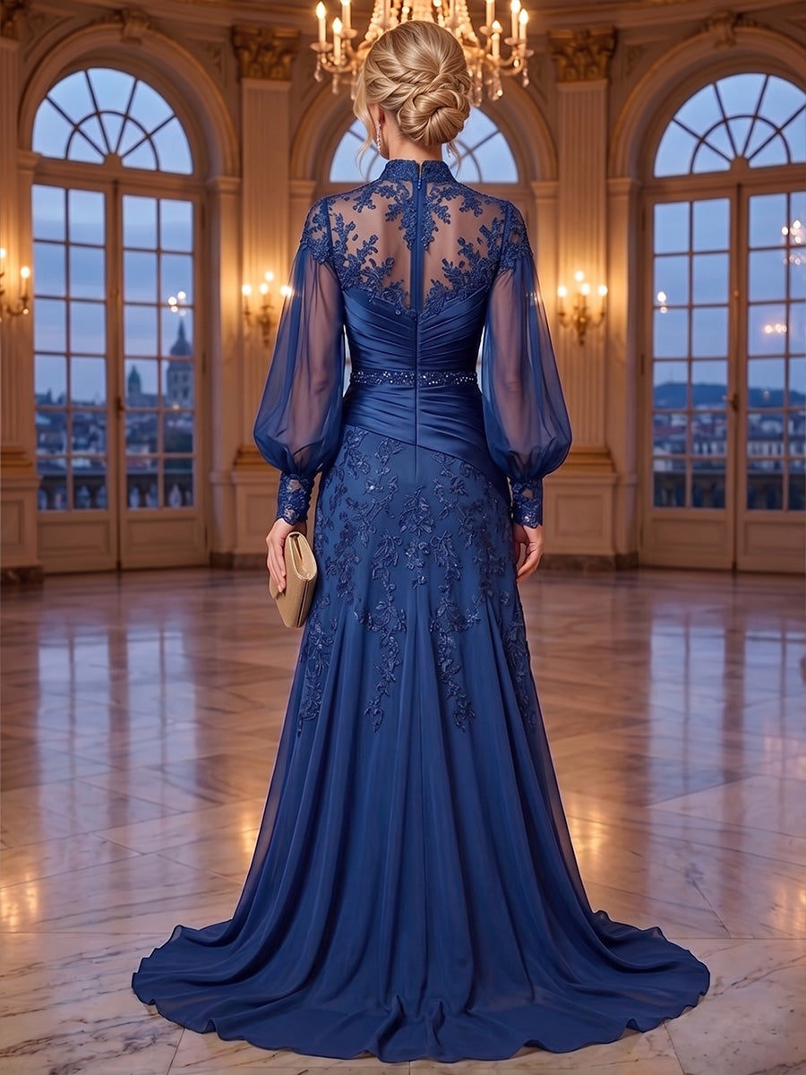 A-Line/Princess High Neck Lace Appliques Maxi Mother of the Bride & Groom Dresses with Satin Bodice & Pleats