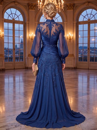 A-Line/Princess High Neck Lace Appliques Maxi Mother of the Bride & Groom Dresses with Satin Bodice & Pleats