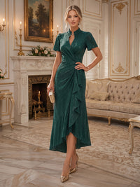 Sheath/Column V-Neck Glitter High-Low Mother of the Bride & Groom Dresses with Ruffles & Ruched Waist