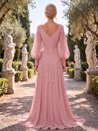 A-Line/Princess V-Neck Chiffon Floor-Length Mother of the Bride & Groom Dresses with Lace Appliques & Pleats