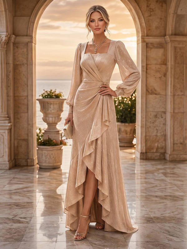 A-Line/Princess Square Neck Glitter High-Low Mother of the Bride & Groom Dresses with Ruffles & Ruched Waist