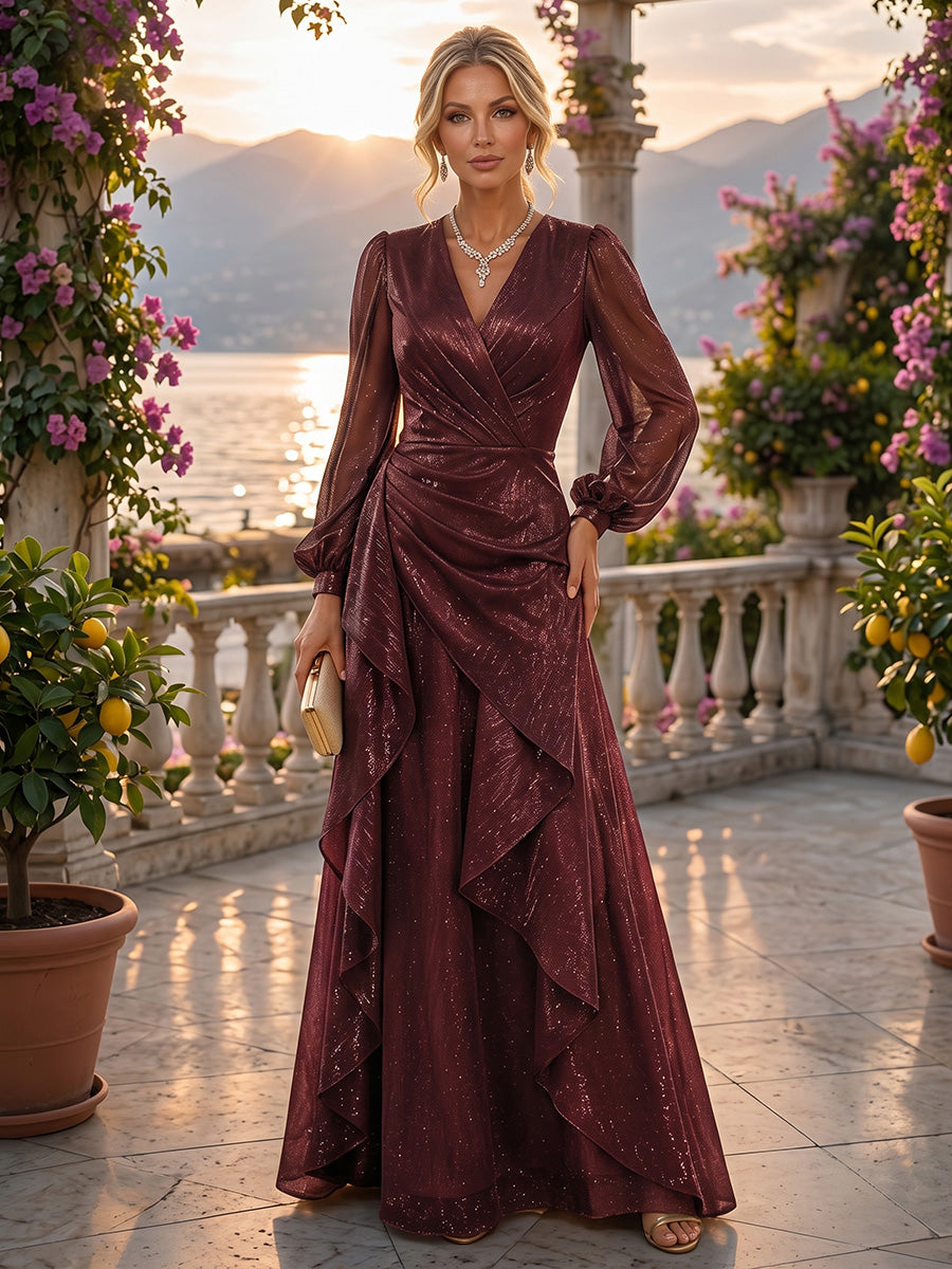 A-Line/Princess V-Neck Glitter Maxi Mother of the Bride & Groom Dresses with Ruffles & Ruched Waist