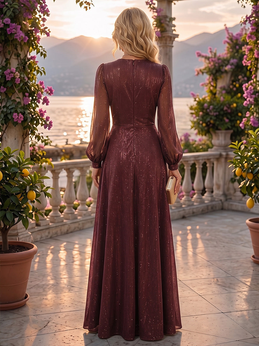 A-Line/Princess V-Neck Glitter Maxi Mother of the Bride & Groom Dresses with Ruffles & Ruched Waist