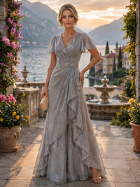 A-Line/Princess V-Neck Glitter Maxi Mother of the Bride & Groom Dresses with Ruffles & Ruched Waist