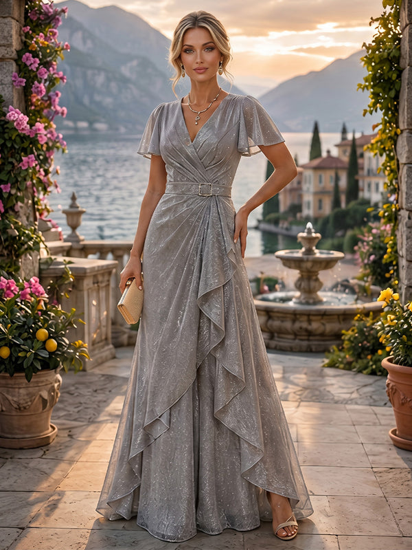 A-Line/Princess V-Neck Glitter Maxi Mother of the Bride & Groom Dresses with Ruffles & Ruched Waist