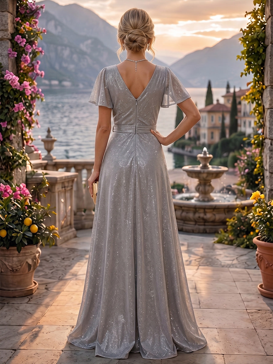 A-Line/Princess V-Neck Glitter Maxi Mother of the Bride & Groom Dresses with Ruffles & Ruched Waist