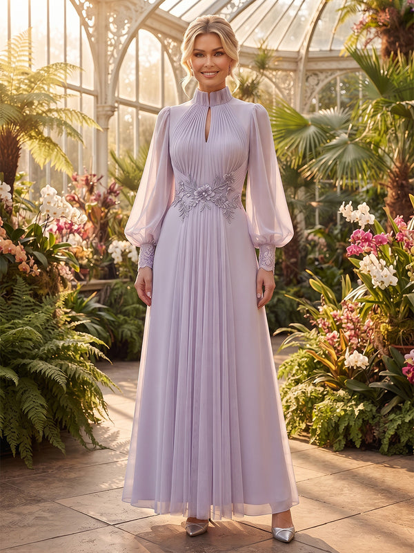 A-Line/Princess High Neck Chiffon Floor-Length Mother of the Bride & Groom Dresses with Pleats