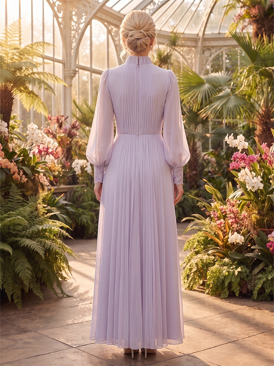 A-Line/Princess High Neck Chiffon Floor-Length Mother of the Bride & Groom Dresses with Pleats