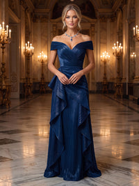 A-Line/Princess Off Shoulder Glitter Maxi Mother of the Bride & Groom Dresses with Ruffles & Ruched Waist