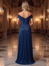 A-Line/Princess Off Shoulder Glitter Maxi Mother of the Bride & Groom Dresses with Ruffles & Ruched Waist