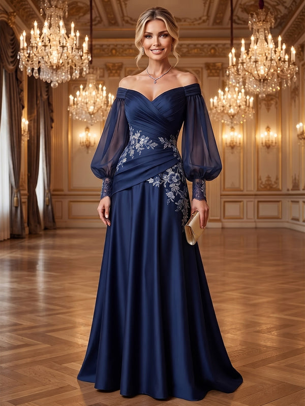 A-Line/Princess Off Shoulder Satin Maxi Mother of the Bride & Groom Dresses with Floral Embroidery & Pleats