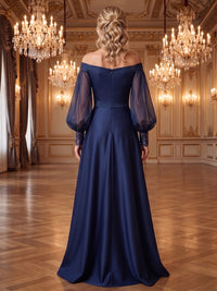 A-Line/Princess Off Shoulder Satin Maxi Mother of the Bride & Groom Dresses with Floral Embroidery & Pleats