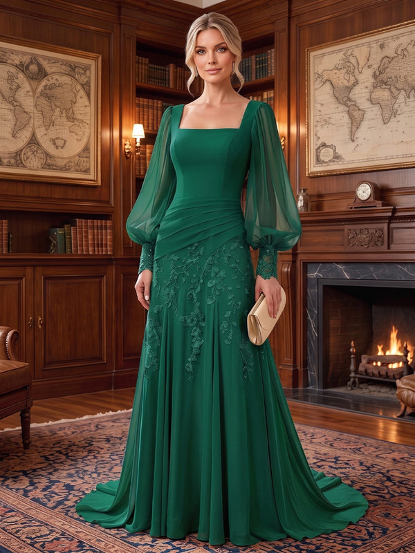 A-Line/Princess Square Neck Chiffon Floor-Length Mother of the Bride & Groom Dresses with Lace Appliques & Pleats