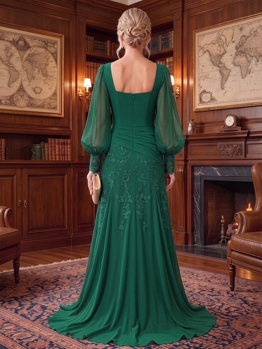 A-Line/Princess Square Neck Chiffon Floor-Length Mother of the Bride & Groom Dresses with Lace Appliques & Pleats