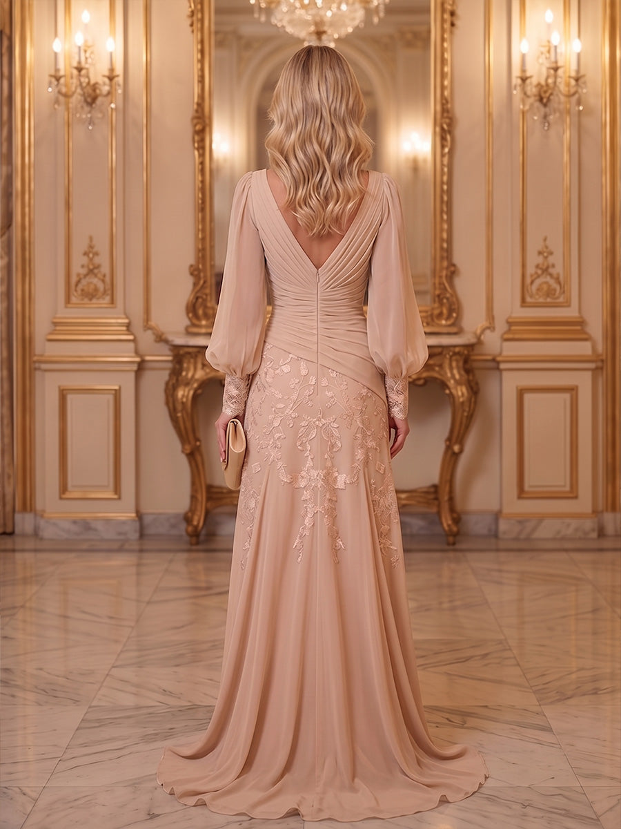 A-Line/Princess V-Neck Chiffon Floor-Length Mother of the Bride & Groom Dresses with Lace Appliques & Ruched Waist