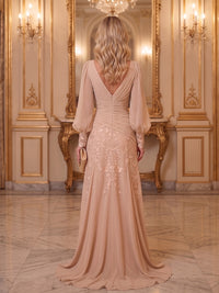A-Line/Princess V-Neck Chiffon Floor-Length Mother of the Bride & Groom Dresses with Lace Appliques & Ruched Waist