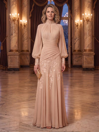 A-Line/Princess High Neck Chiffon Maxi Mother of the Bride & Groom Dresses with Lace Appliques & Pleats