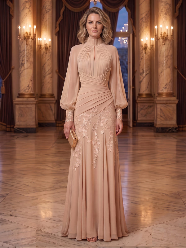 A-Line/Princess High Neck Chiffon Maxi Mother of the Bride & Groom Dresses with Lace Appliques & Pleats