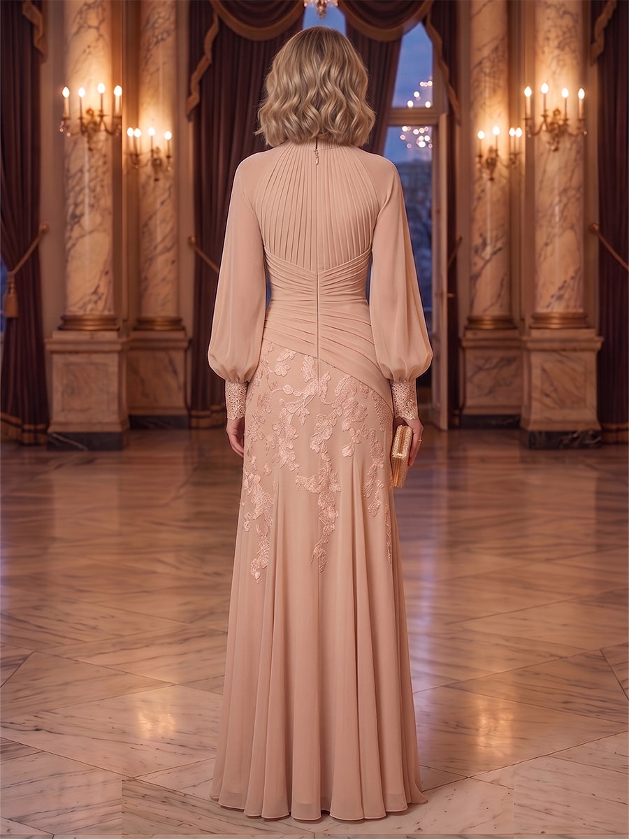 A-Line/Princess High Neck Chiffon Maxi Mother of the Bride & Groom Dresses with Lace Appliques & Pleats