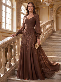 A-Line/Princess V-Neck Lace Appliques Floor-Length Mother of the Bride & Groom Dresses with Sweep Train & Pleats