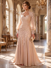 A-Line/Princess V-Neck Lace Appliques Floor-Length Mother of the Bride & Groom Dresses with Sweep Train & Pleats
