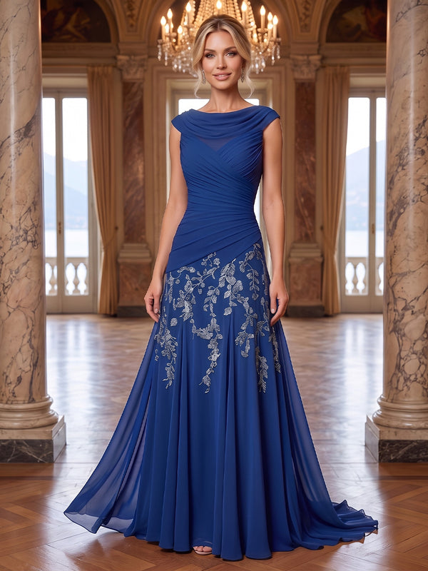 A-Line/Princess Cowl Neck Chiffon Floor-Length Mother of the Bride & Groom Dresses with Lace Appliques & Pleats