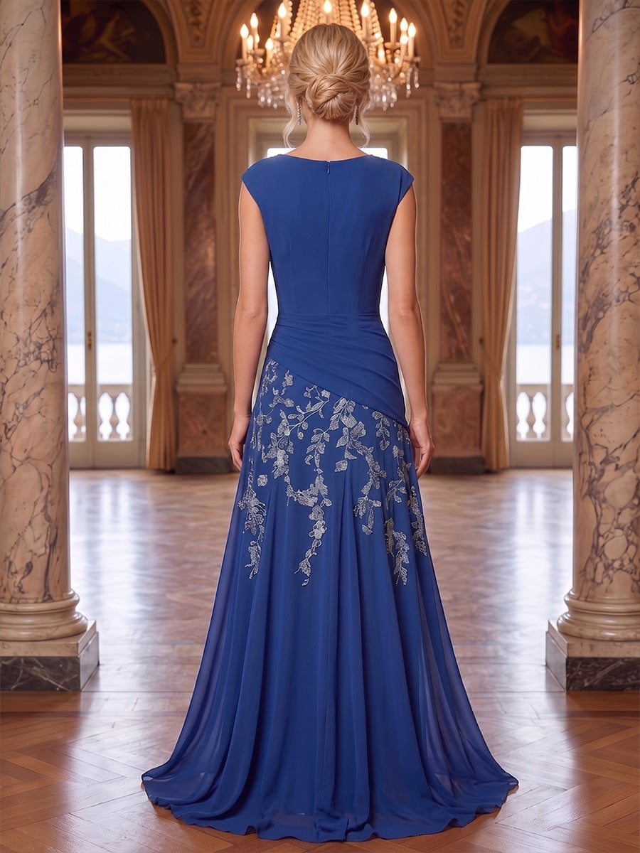 A-Line/Princess Cowl Neck Chiffon Floor-Length Mother of the Bride & Groom Dresses with Lace Appliques & Pleats