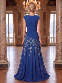 A-Line/Princess Cowl Neck Chiffon Floor-Length Mother of the Bride & Groom Dresses with Lace Appliques & Pleats