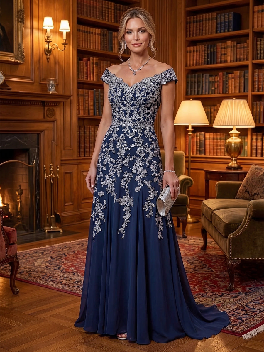 A-Line/Princess Off Shoulder Lace Appliques Floor-Length Mother of the Bride & Groom Dresses with Sweep Train & Pleats