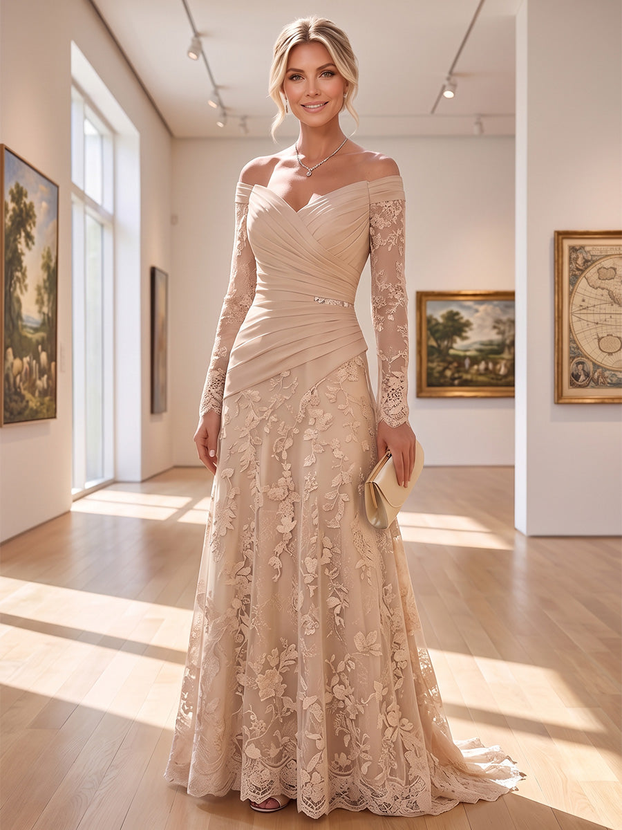 A-Line/Princess Off Shoulder Lace Appliques Maxi Mother of the Bride & Groom Dresses with Ruched Waist & Sweep Train