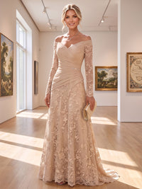 A-Line/Princess Off Shoulder Lace Appliques Maxi Mother of the Bride & Groom Dresses with Ruched Waist & Sweep Train